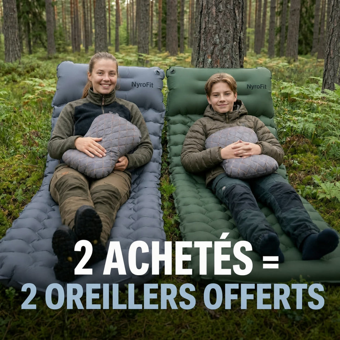 Deux campeurs allongés sur des matelas NyroCamp, offre 2 achetés 2 oreillers offerts