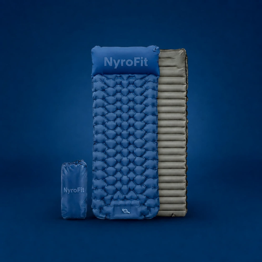 Matelas de sol gonflable NyroCamp PRO bleu avec son sac de rangement