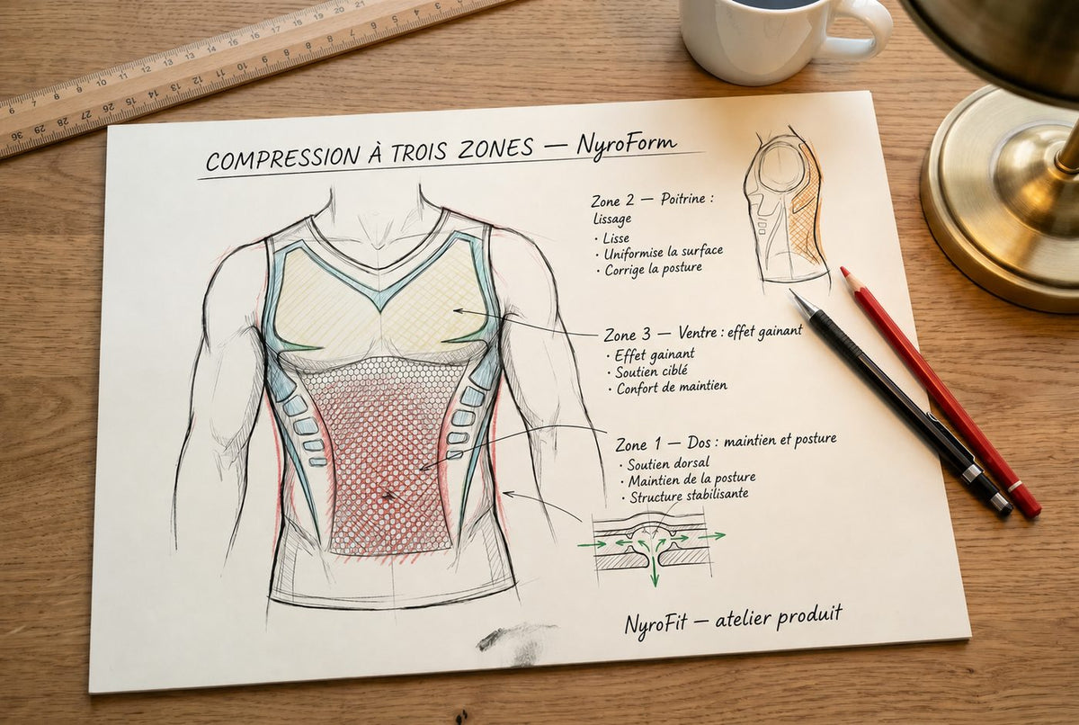 La compression à trois zones : maintien dans le dos, lissage sur la poitrine, effet gainant sur le ventre. Une seule pièce, trois densités de maille.