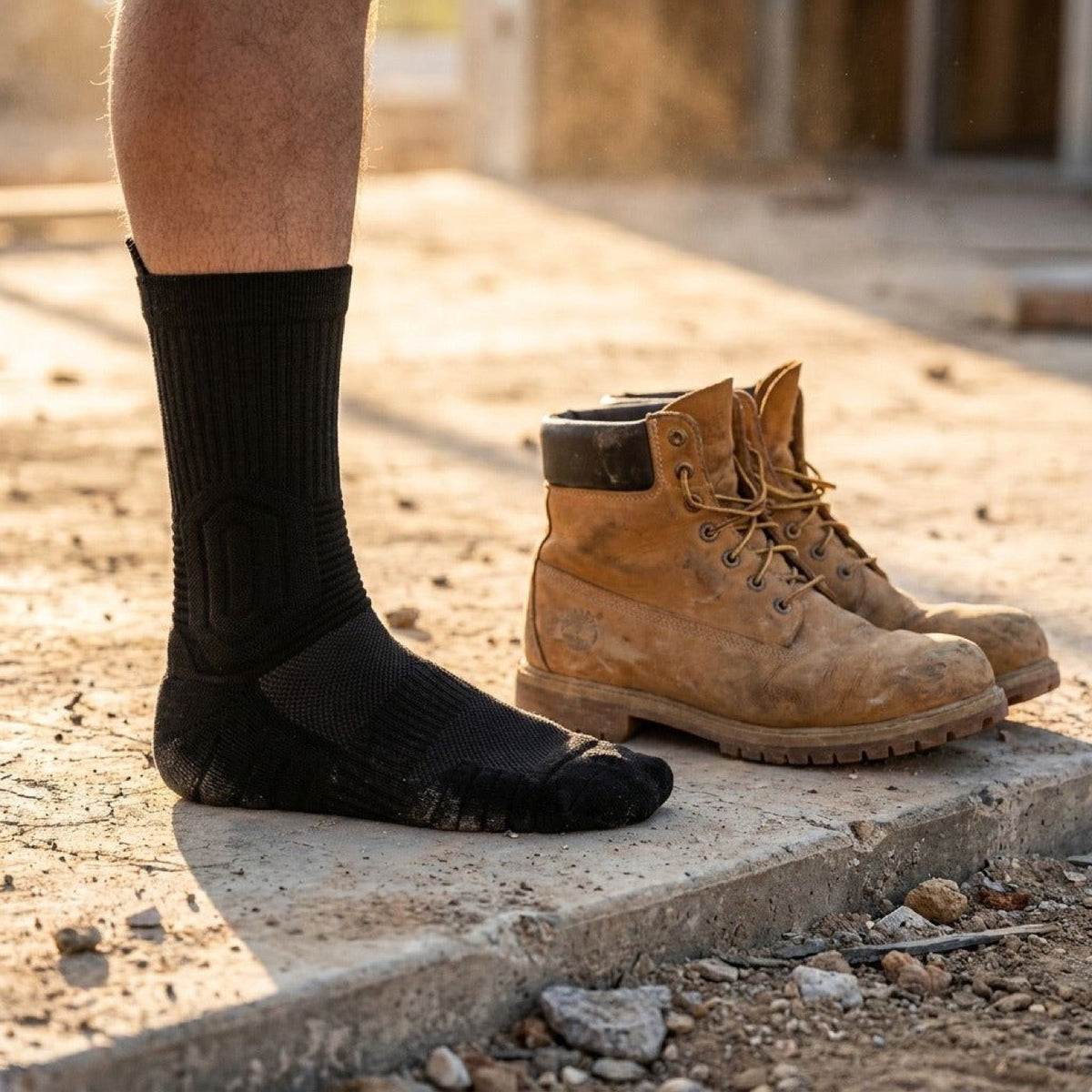 Chaussette NyroGround sur une dalle de béton à côté de chaussures de travail