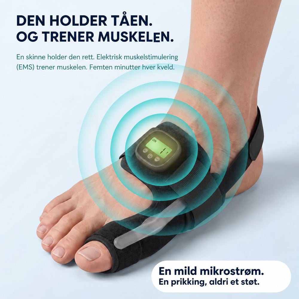 Den holder tåen og trener muskelen med EMS