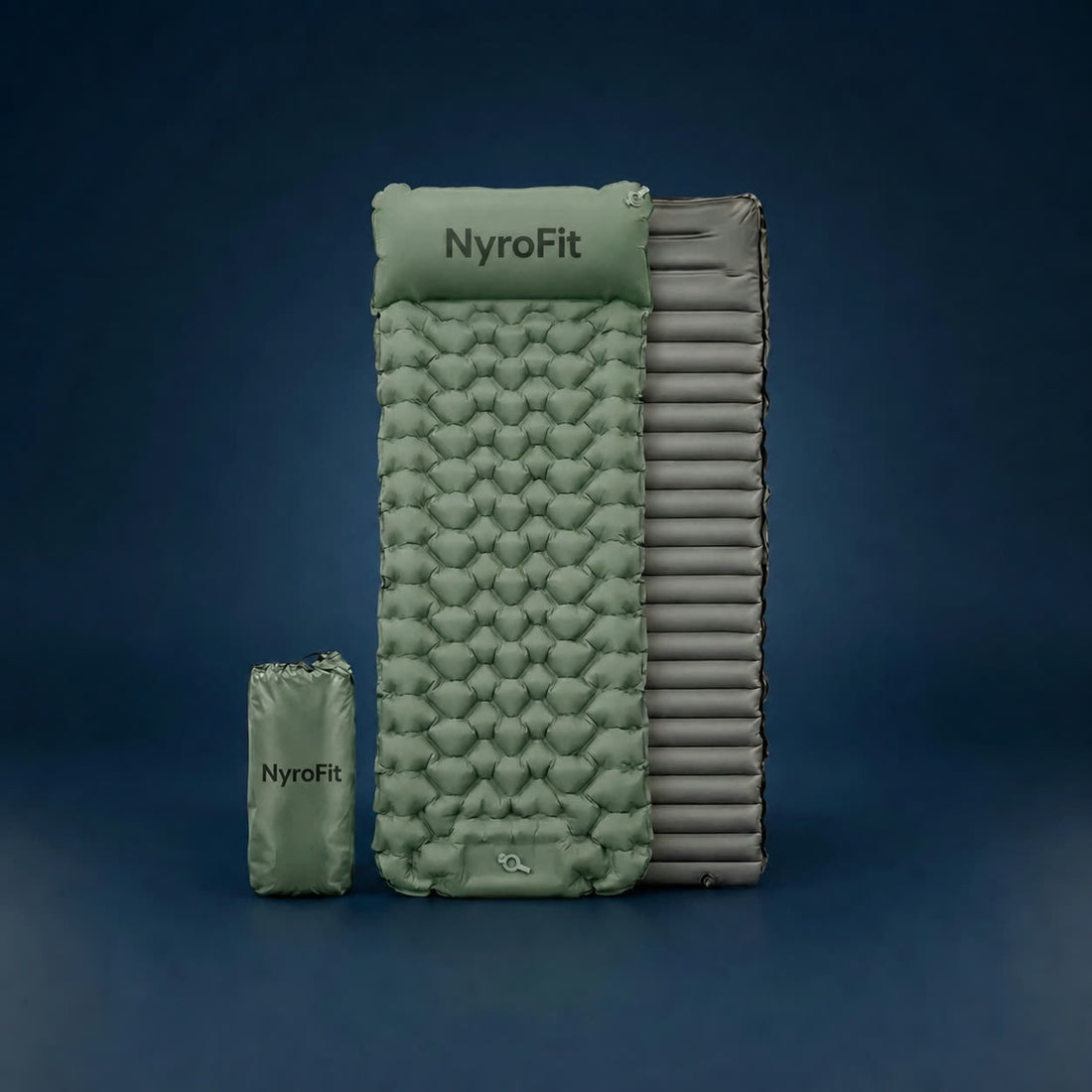 Matelas de sol gonflable NyroCamp PRO vert avec son sac de rangement
