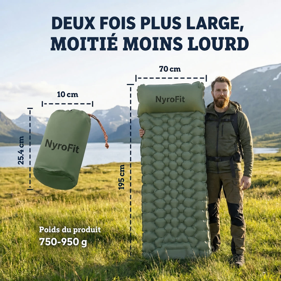 Dimensions du matelas NyroCamp : 195 cm sur 70 cm, sac de 25,4 cm, 750 à 950 g