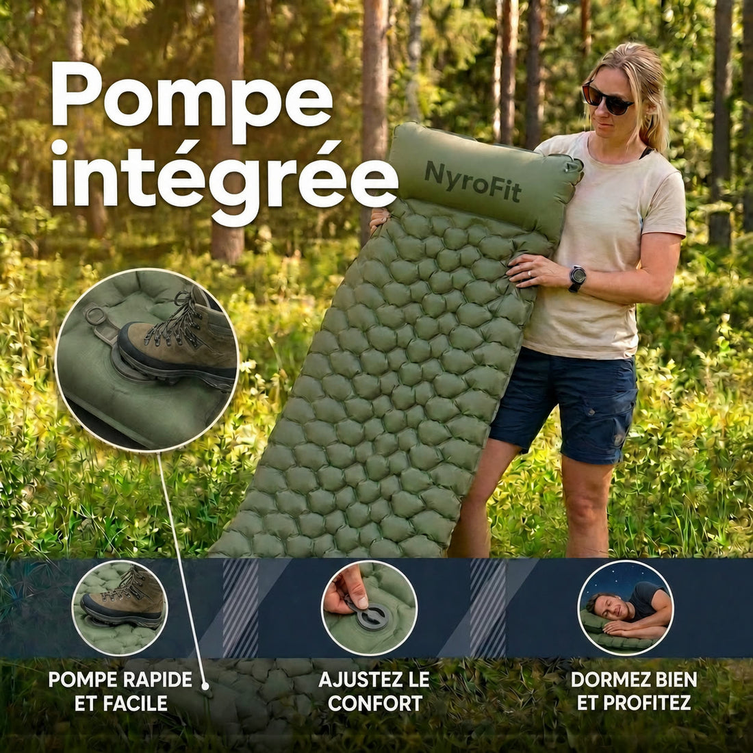 Pompe intégrée du matelas NyroCamp : gonflage au pied en quelques secondes