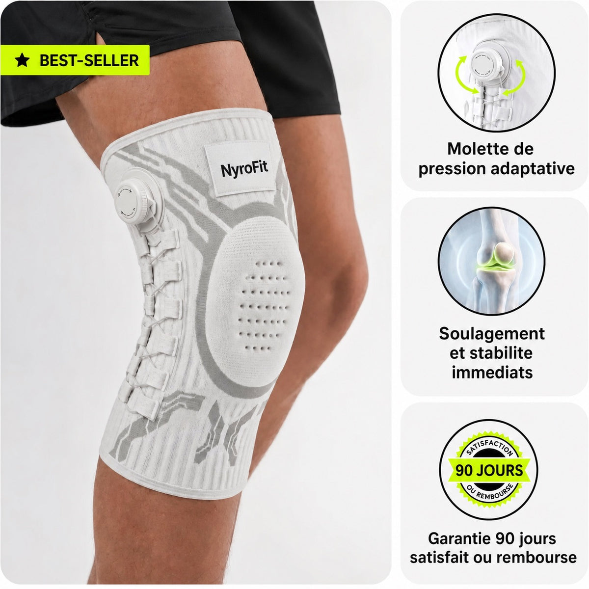 NyroFlex Genou - portée sur le genou, molette de compression, coussinet gel, garantie 90 jours