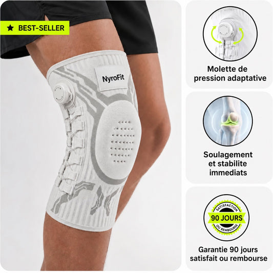 NyroFlex Genou - portée sur le genou, molette de compression, coussinet gel, garantie 90 jours