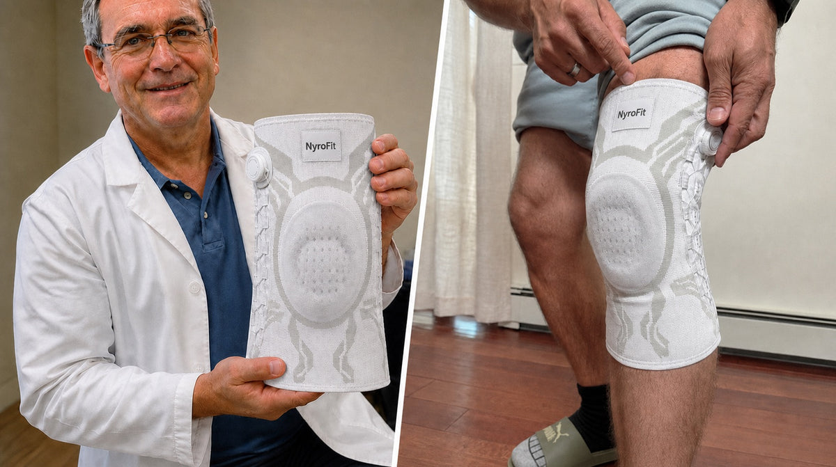 Genouillère NyroFlex à molette, présentée et portée au genou