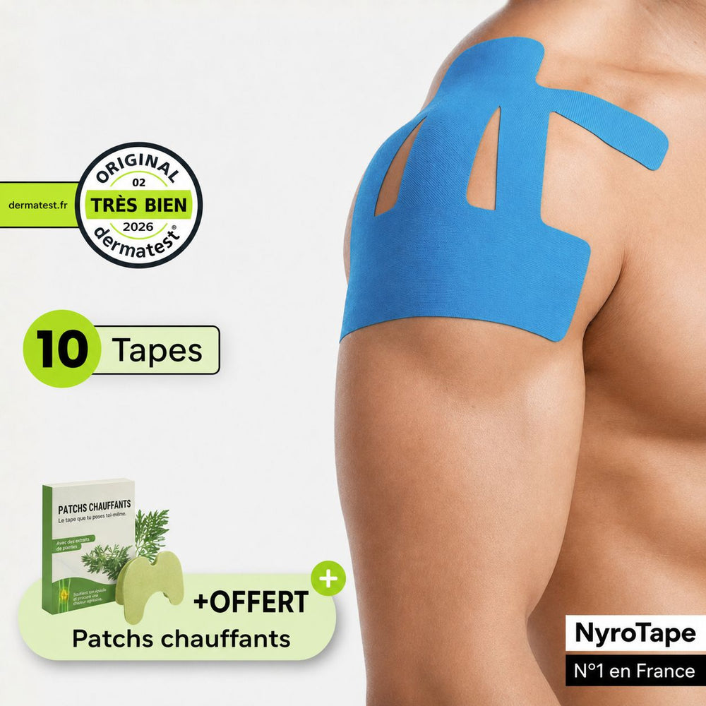 NyroTape kinésio-tape épaule pré-découpé bleu posé sur une épaule, pack 10 tapes avec patchs chauffants offerts