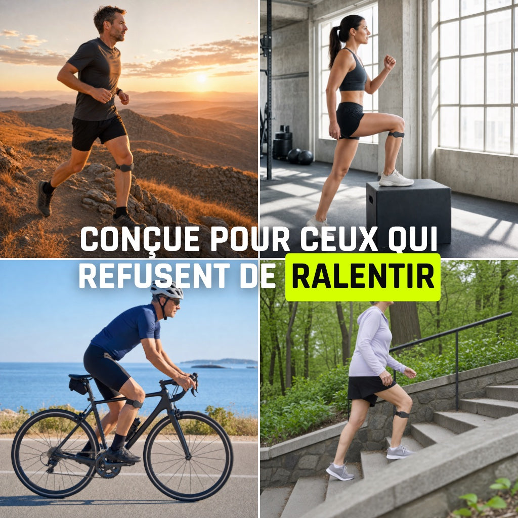 Sangle rotulienne NyroStrap portée en trail, en salle, à vélo et dans les escaliers