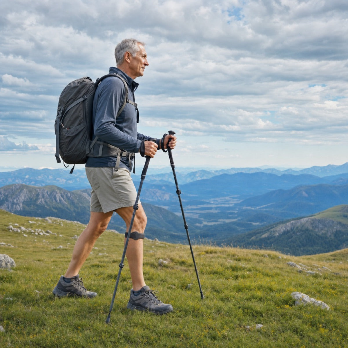 Randonneuse en montagne portant la sangle rotulienne NyroFit